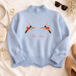 Code x Mode Embroidered Hummingbird Mock Neck Sweater | Cozy Romantic Small